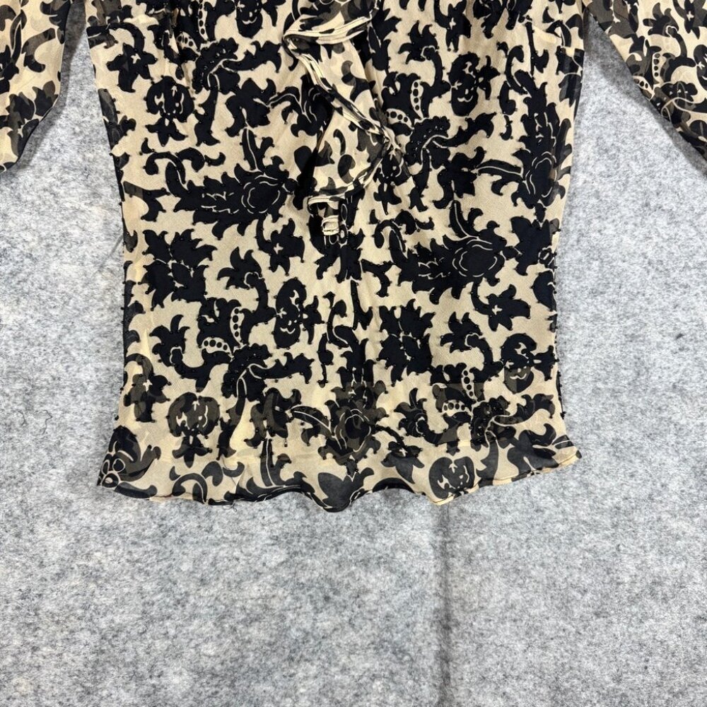 Y2K 2000s Beige Black Silk Burnout Floral Blouse Size S Sheer Indie Ethereal - Picture 4 of 16